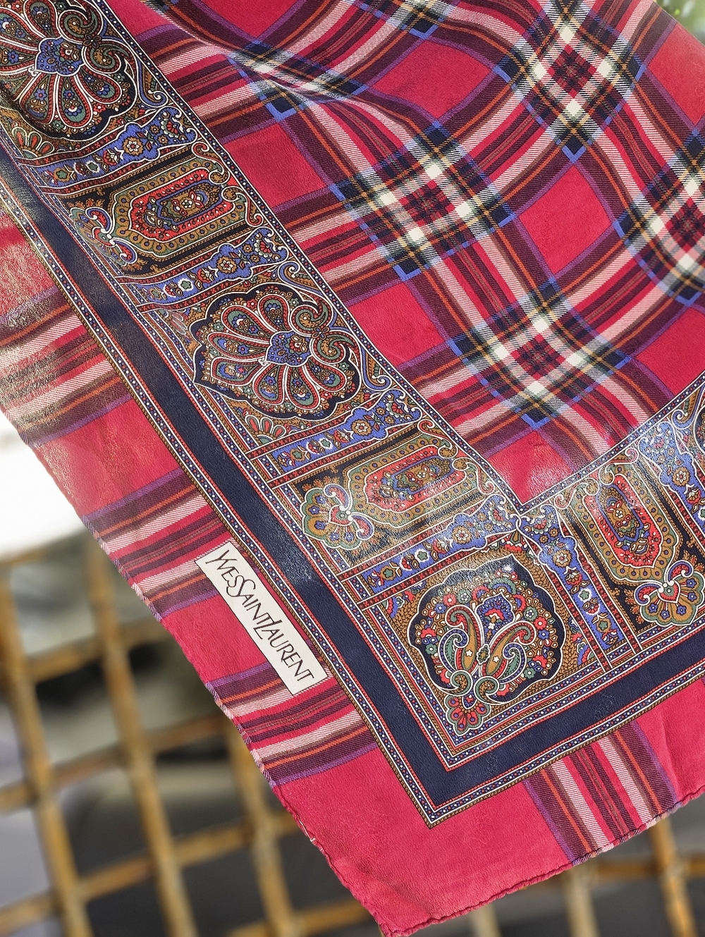 Vintage Yves Saint Laurent Red Paisley Plaid and Silk Scarf Made In Japan